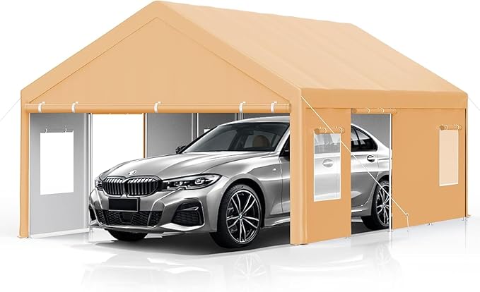 13x25FT Heavy Duty Portable Carport Canopy with 4 Roll-Up Doors & 4 Mesh Windows, Large Outdoor Garage Shelter for Car, Truck, Boat, Party, and Market Use