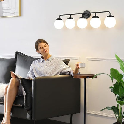 Bathroom Light Fixtures Over Mirror, 5-Light Matte Black Vanity Lighting with Milk White Glass Globe Shades Modern Wall Sconce