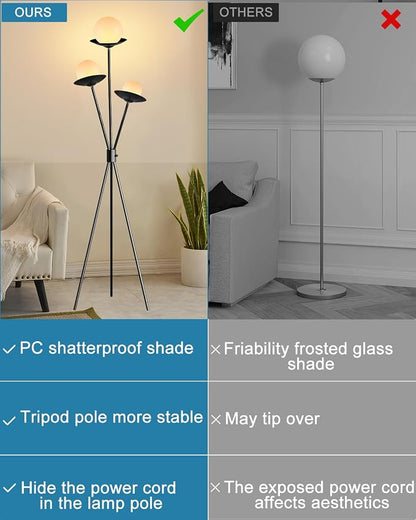 3 Globe Dimmable Tripod Floor Lamp, Mid Century Standing Lamps with 3Pcs 3000K Bulbs Included, Modern Black Tall Lamp for Living Room Bedroom Home Office Sofa Beside Corner Decor