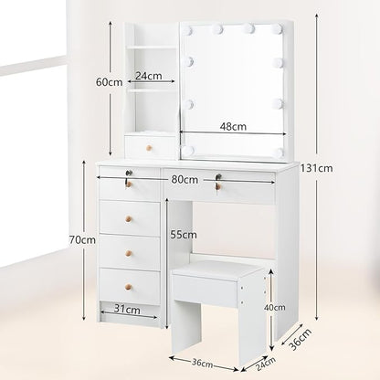 JBLCC Vanity Desk with Mirror and Lights, White Vanity with Lights, 3-Color Light Sliding Mirror, 6 Drawers & Open Shelves, Small Vanity Desk with Lighted Mirror for Bedroom