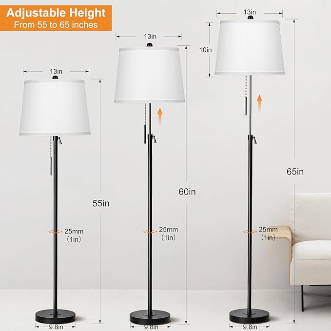 JUNNAI Black Floor Lamps for Living Room Adjustable Height Standing Lamp Modern Tall Pole Lamps for Bedroom Office with White Linen Shade 3 Color Temperature 9W LED Bulb Included