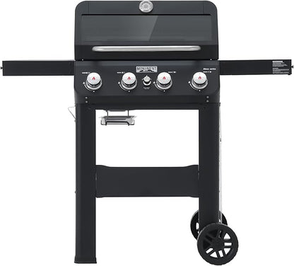 Monument Grills 4-Burner Liquid Propane Gas Grill, Matte Black Stainless Steel Burner Grill with Clearview® Lid and One Foldable Shelf for Outdoor Cooking Kitchen Patio Backyard Barbecue, Mesa420MF