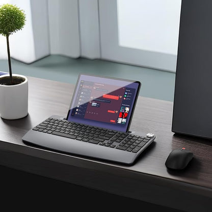 Ergonomic Wireless Keyboard and Mouse with Wrist Rest，Phone Holder - 2.4GHz Full-Sized Low-Profile Quiet Wireless Mouse and Keyboard Combo for Computer, Laptop, PC, Mac-Grey