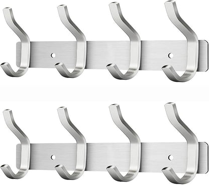 HAMUTH 12 Inch Coat Rack Wall Mount 2 Packs, Heavy Duty Wall Hooks with 4 Hooks, Silver Wall Hooks Hangers for Entryway, Bathroom - for Hanging Backpack, Bag, Coat, Purse, Hat, Towel, Clothes