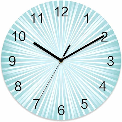 Abstract Wall Clock Battery Operated Non-Ticking 10" Round Wood Clocks, Sunburst Rays Light Blue Kitchen Wall Clock for School Bathroom Living Room Home Office Wall Decor