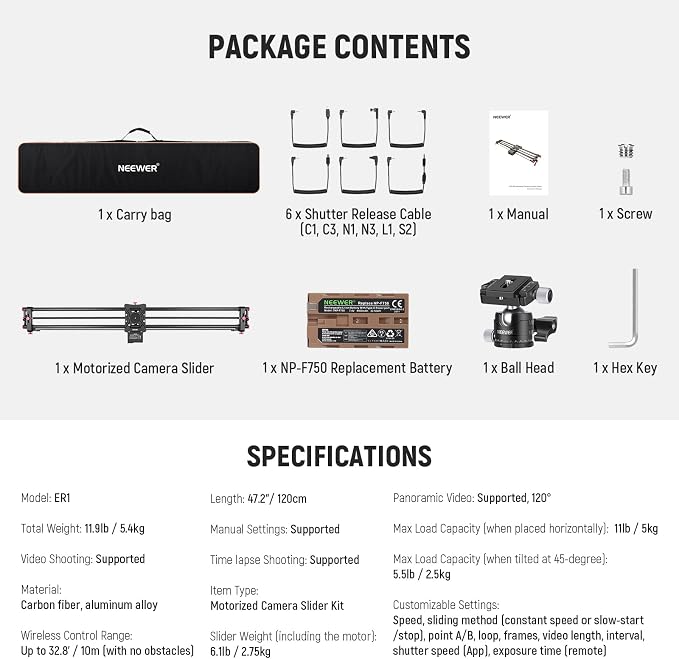 NEEWER 47.2"/120cm Motorized Camera Slider, App Wireless Control DSLR Carbon