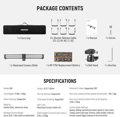 NEEWER 47.2"/120cm Motorized Camera Slider, App Wireless Control DSLR Carbon