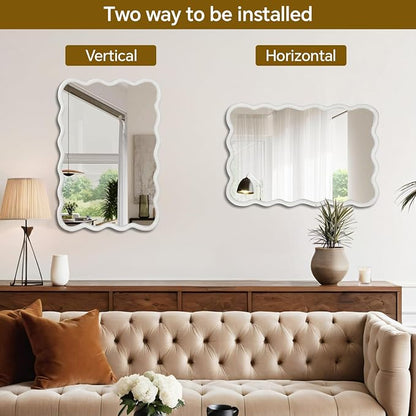 30x20 Inch Wooden Wavy Rectangle Wall Mirror, Modern Solid Wood Frame Decorative Accent Mirror for Bedroom, Bathroom, Living Room, Entryway, White