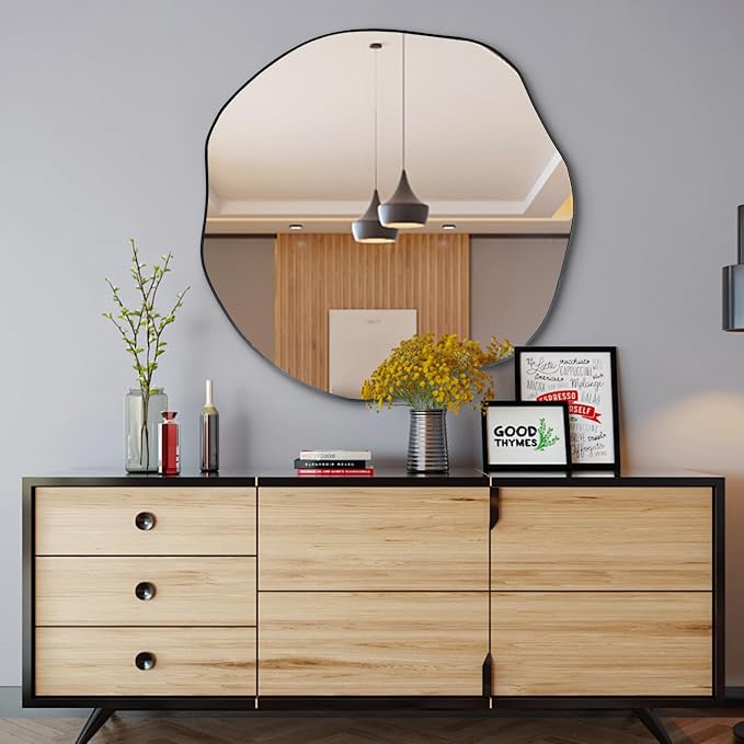 POZINO Scalloped Irregular Mirror, 35" Asymmetrical Decorative Accent Mirror for Wall, Organic Shape Frameless Mirrors for Entryway Living Room Bedroom, Horizontal or Vertical Hanging