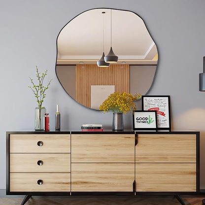 POZINO Scalloped Irregular Mirror, 35" Asymmetrical Decorative Accent Mirror for Wall, Organic Shape Frameless Mirrors for Entryway Living Room Bedroom, Horizontal or Vertical Hanging