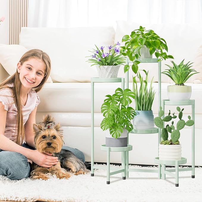 iDavosic.ly Plant Stand Indoor Outdoor, 6 Tier Corner Metal Flower Display Holder Shelf, Folding Tall Orchid Rack for Patio Balcony Porch Garden Living Room House, Light Green