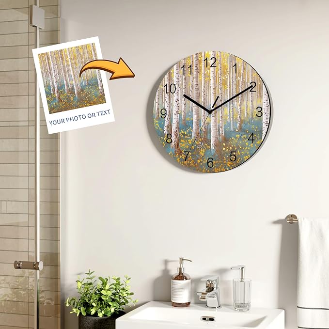 Trees Yellow Blue Forest Painting Art Style Wall Clock Battery Operated Non-Ticking 10" Round Wood Clocks, Kitchen Wall Clock for School Bathroom Living Room Home Office Wall Decor