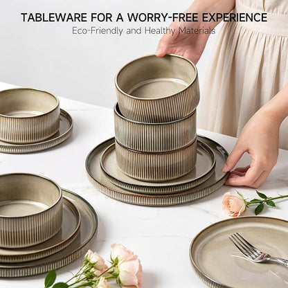 MONITO Ceramic Dinnerware Sets for 6, 18PCS Stoneware Plates and Bowls Sets, Reactive Glaze Dish Set, Chip and Scratch Resistant Double, Microwave and Dishwasher Safe, Brown