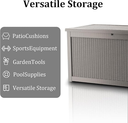 320 Gallon Waterproof Deck Box, Lockable Resin Storage Box for Patio Furniture Cushions Garden Tools and Outdoor Delivery Storage, Coffee