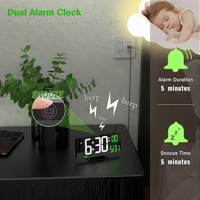 KOSUMOSU Desk Clock 6.7in Black Digital Alarm Clock