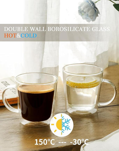 LIBWYS 12oz Double Wall Glass Coffee Mugs, Cappuccino Latte Tea Cups with Handle, Heat Resistant Borosilicate Insulated Clear Glasses (Set of 4)