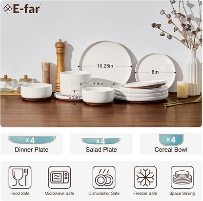 E-far 12-Piece Stoneware Dinnerware Sets, Plates and Bowls Sets for 4, Ceramic Dishware Dishes Set with Terracotta Base, Chip & Scratch Resistant, Microwave & Dishwasher Safe, Speckled White