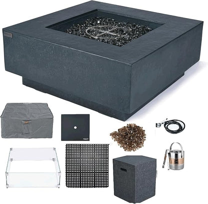 Elementi+ | Bundle Bergen Gas Fire Pit Cast Concrete 40" Square Fire Table, Outdoor Fire Pit Electronic Ignition | Canvas Cover, Fire Glass and Burner Lid Included | Dark Gray | Propane Gas