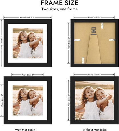 8x8 Picture Frame with Glass, Display Pictures 6x6 with Mat or 8 x 8 without Mat - Wall and Tabletop, 8 by 8 Photo Wooden Frames (Black, 1 Pack)