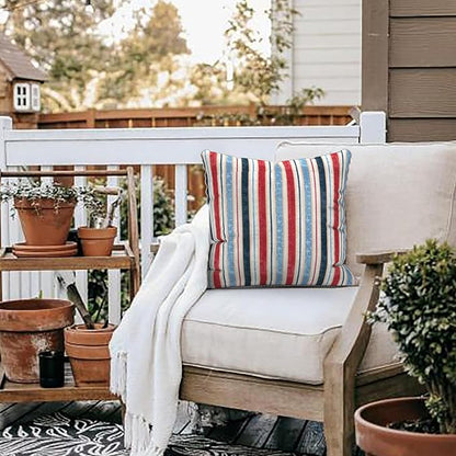 LVTXIII Outdoor Throw Pillows 20x20 Patio Waterproof Square Pillows with Piping Fade Resistant Accent Pillow for Spring Summer Garden Decoration, Set of 2, Stripe Red Blue