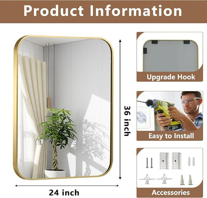Brushed Gold Mirror, 24"x36" Rectangle Bathroom Mirror, Metal Frame Rectangle Corner Vanity Mirror, Wall Mounted Mirror for Modern, Living Room, Bedroom, Horizontal Or Vertical