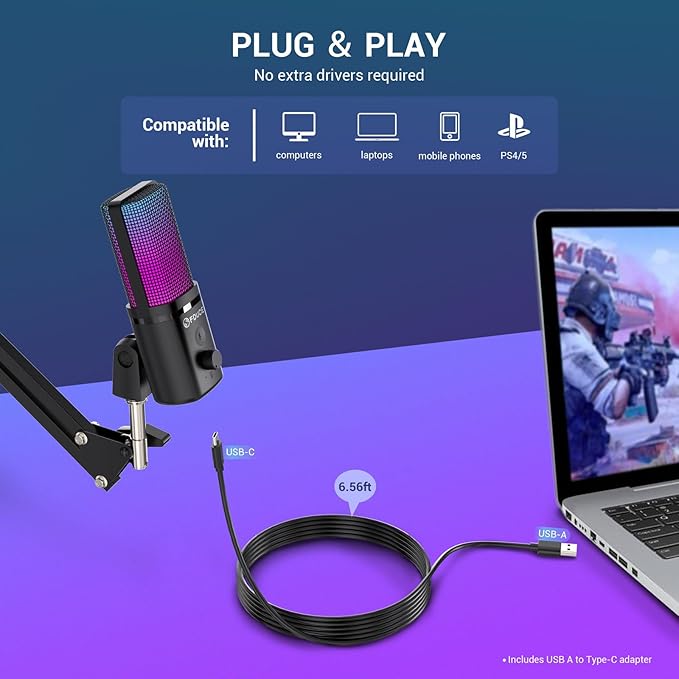 FDUCE Gaming USB Microphone, RGB Condenser mic