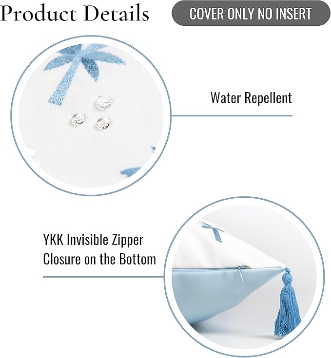 Hofdeco Premium Coastal Hampton Style Patio Indoor Outdoor Lumbar Pillow Cover Only, 12"x20" Water Resistant for Backyard, Couch, Baby Blue Embroidered Palm Tree Tassel