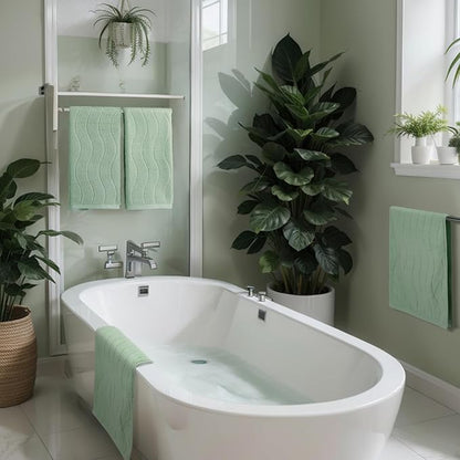 VitalCozy 4 Pcs Bathroom Hand Towels Set Light Green Wavy Striped Jacquard Towels 14x29 Inch 100% Cotton Soft Absorbent Decorative for Guest Bathroom Kitchen