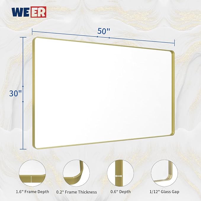 WEER Gold Bathroom Mirror, 50X30 Inch Brushed Gold Metal Frame Mirror, Rounded Rectangle Gold Bathroom Vanity Mirror for Wall, Tempered Glass, Anti-Rust, Hangs Horizontally or Vertically
