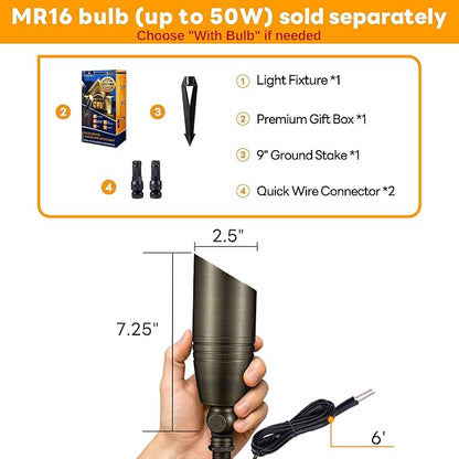 Landscape Spotlights Low Voltage - Brass 12V Outdoor Uplight LED, Wired Spot Lights IP65 Waterproof, Adjustable Focus Bronze for Exterior Garden Yard Tree House Without MR16 Bulb