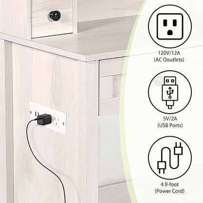 MISHAO Vanity Desk with Mirror and Lights, 31.4" Makeup Vanity with Power Strip, Dressing Table Set with 2 Large Drawers & Storage Stool,Vanity Mirror 3 Lighting Color Adjustable, Oak White
