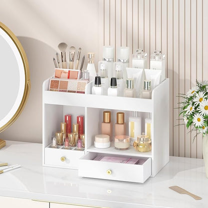 Makeup Organizer with Drawers, Bamboo Countertop Cosmetic Storage for Dresser Vanity Organizer Beauty Desk Skincare Holders Container Make Up Organizing for Lipstick