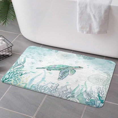 Sea Turtle Bath Rugs for Bathroom, Blue Teal Ocean Beach Nautical Coastal Fish Beachy Summer Animal Seashell Kids Non Slip Flannel Bathroom Rug, Dry Fast Water Absorbent Bath Mats, 17x29 Inch