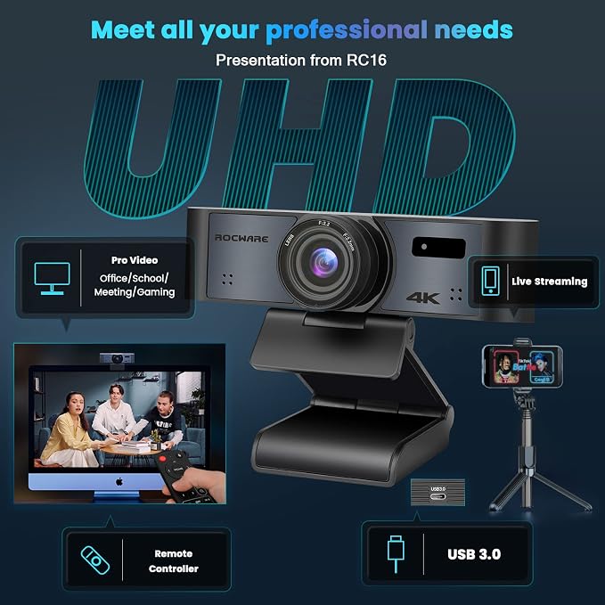 ROCWARE 4K Webcam with Remote, RC16 Computer Camera with Microphone, 1080p