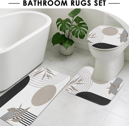 Boho Mid Century Shower Curtain Set with Toilet Lid Cover and Non-Slip Rugs, Abstract Geometric Vintage Grey 4 Pcs Modern Minimalist Shower Curtain for Bathroom Set with 12 Hooks