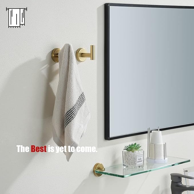 JQK Bathroom Towel Hook Brushed Gold, Brass Coat Robe Clothes Hook for Bathroom Kitchen Garage Wall Mounted (Pack of 4), SUS 304 Stainless Steel 0.8mm, TH100-BG-P4