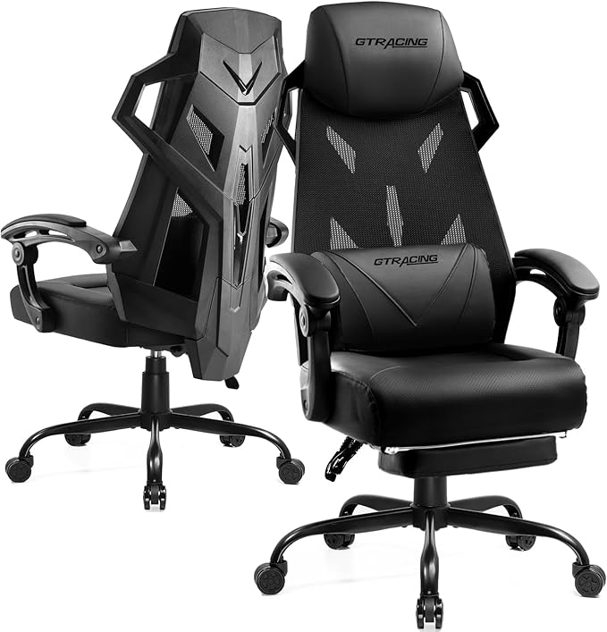 GTRACING Gaming Chair, Computer Chair with Mesh Back, Ergonomic Gaming Chair with Footrest, Reclining Gamer Chair with Adjustable Headrest and Lumbar Support for Gaming and Office (Black)