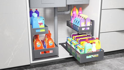 Under Sink Organizer Pull Out Cabinet Organizer Adjustable Height 2 Tier with Sliding Drawers Kitchen Bathroom Organizer and Storage(Gray-1pc)