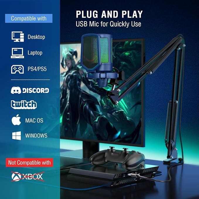 FIFINE USB Gaming Streaming Recording PC Microphone Kit, RGB Condenser Computer