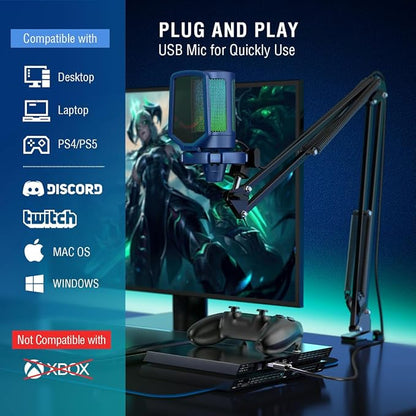 FIFINE USB Gaming Streaming Recording PC Microphone Kit, RGB Condenser Computer