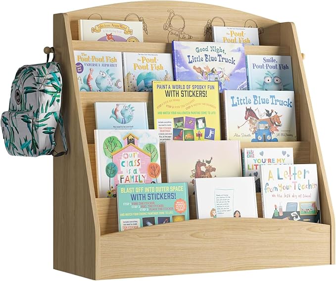 5-Tier Kids Bookshelf Montessori Toddler Book Rack Baby Bookcase Floor Front Facing Magazine Display Shelf for Bedroom Playroom Nursery Classroom Kindergarten Wood (Natural)