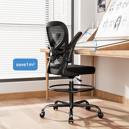 Alolo Drafting Chair,Big and Tall Office Chair with Footrest Ring,Ergonomic Chair for Counter Height and Standing Desk Comfy with Lumbar Support and Flip-up Armrests in Heavy Rolling Base,Black