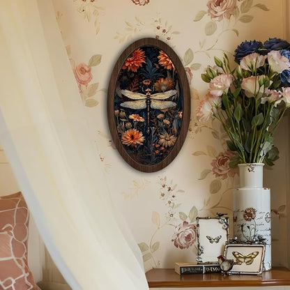 UYIKG Vintage Dragonfly Wall Art Decor,William Morris Dragonfly Floral Oval Wall Decor, Cottagecore Wooden Framed Wall Decorations for Theme Room Home Bedroom Living Room 9x14.6 in