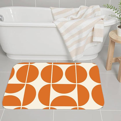 Orange Mid Century Modern Bath Mat, Boho Abstract Geometric Semicircle Retro Art Bath Rug for Bathroom, Colorful Unique Pattern Flannel Bath Mat Soft Non Slip Bath Rugs 29X17IN