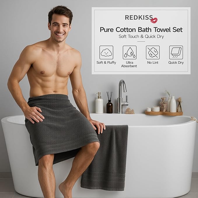 REDKISS 6 Piece Luxury Bath Towel Set - 100% Cotton Towels for Bathroom, 600 GSM Premium Dark Grey Towels of 6, Includes 2 Large Bath Sheets, 2 Hand Towel, 2 Washcloths, Highly Absorbent