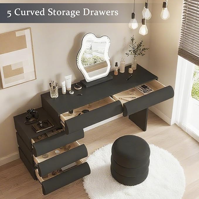 Makeup Vanity Desk with Lighted Mirror and Stool, Faux Leather Upholstered Finish, Modern Dressing Table with 5 Drawers for Bedroom and Makeup Room, Easy Assembly, Black