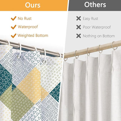 Boho Green and Yellow Shower Curtain, Modern Chic Abstract Geometric Striped Pattern Bathroom Curtains, Minimalist Hotel Style Polyester Shower Curtain, Waterproof Fabric with Hooks, 72" W x 72" L