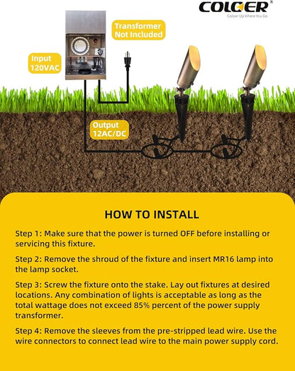 COLOER Die-cast Brass Landscape SpotLights Outdoor, 12V AC/DC Low Voltage Adjustable Yard Lighting, Garden Patio Trees Directional Spot Up Light(103B,Bronze, 12-Pack Without Bulb)