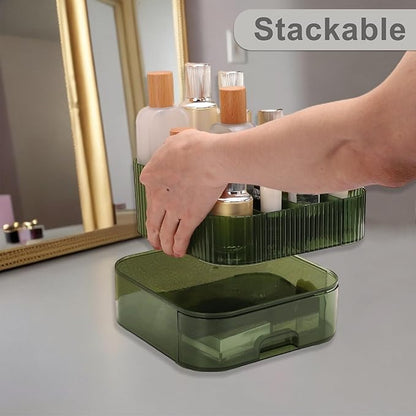 VOCOSTE 1 Set Makeup Organizer with Stackable Drawer, 7 Grids Makeup Organizer for Countertop Vanity, Skincare Organizers Cosmetic Display Cases for Lotions Lipsticks Brushes, Green