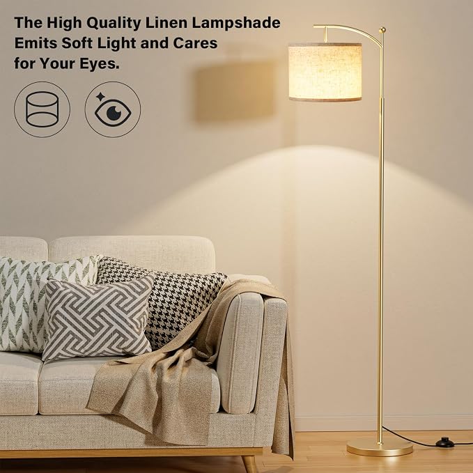 Ambimall 60" Gold Floor Lamp with Remote Control and Stepless Dimmable Bulb, Colors Temperature & Brightness Adjustable, Modern Floor Lamps for Living Room, Beige Shade & Gold Pole